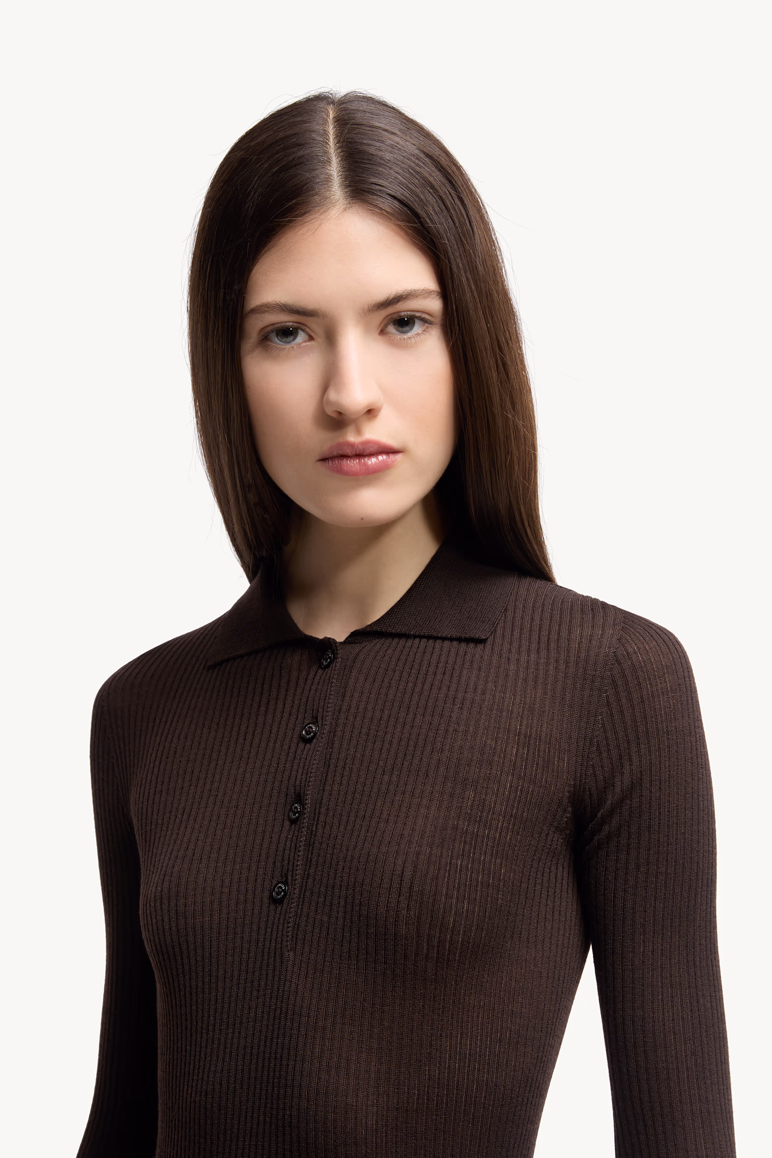 Wool Long Sleeve Polo Shirt Women Brown Moncler 4